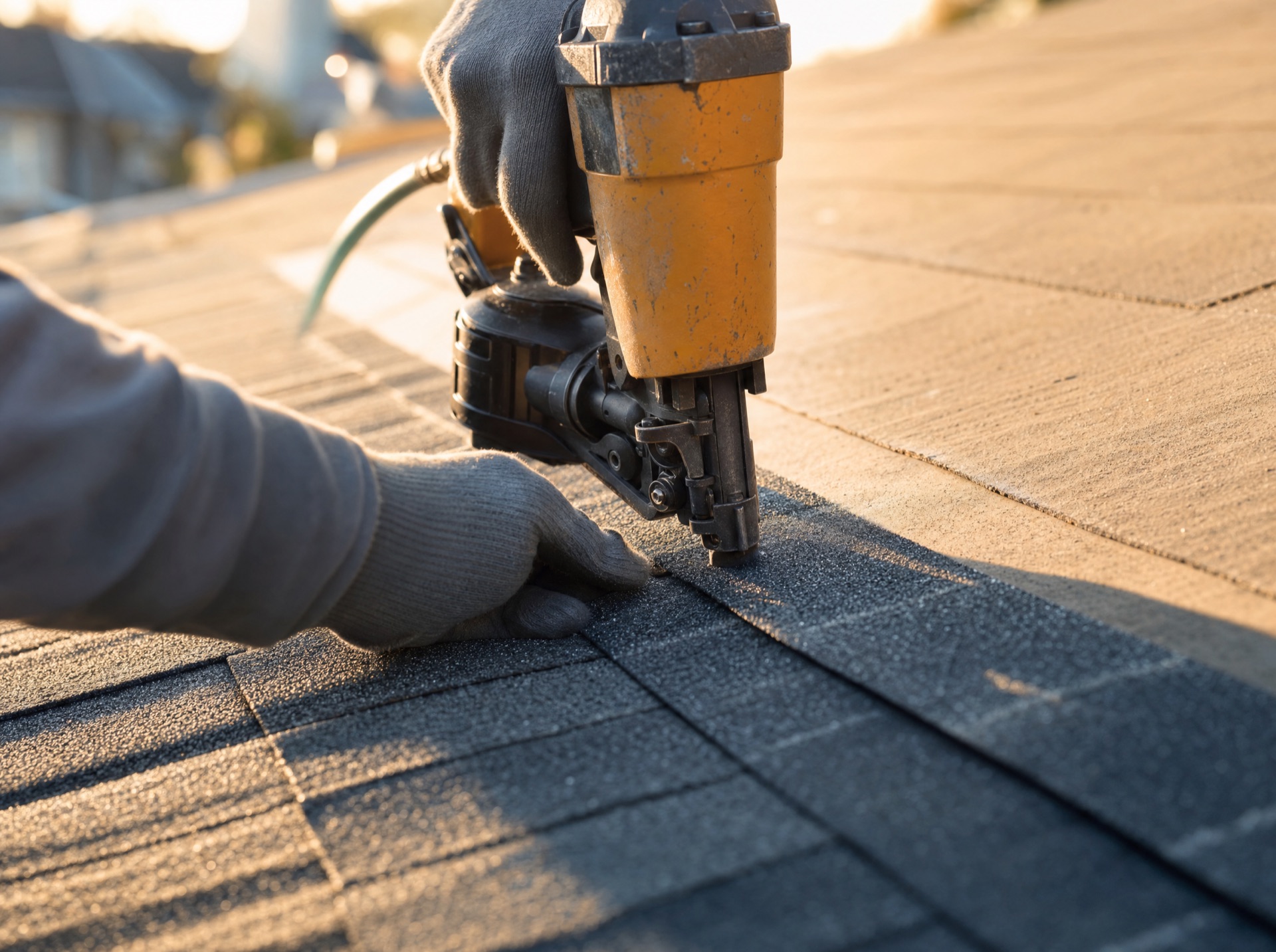 Roofer nailing a premium architectural shingle