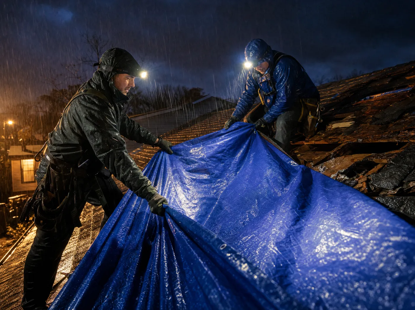 24/7 emergency roofing crew tarping a storm-damaged roof at night